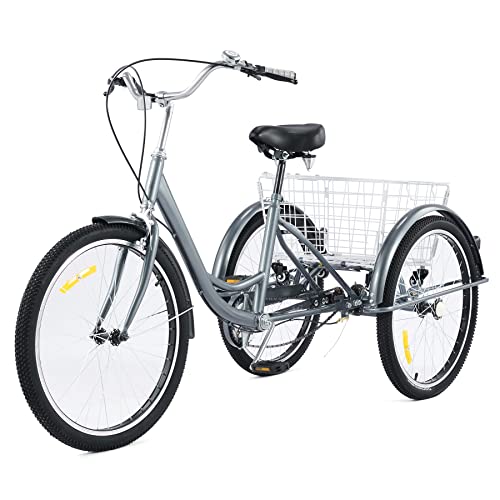 Viribus Dreirad für Erwachsene Dreirad 24 Zoll Fahrrad mit Korb 3 Rad Fahrrad für Erwachsene Adult Tricycle 3-Rad-Dreirad (Grau Ohne Frontkorb)