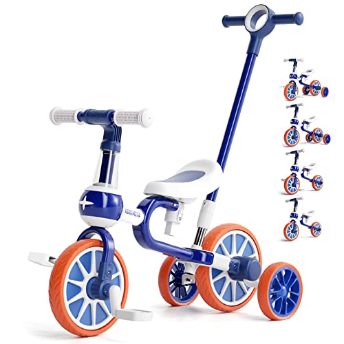 KORIMEFA 4 in 1 Laufräder Laufrad Kinderdreirad Dreirad Lauffahrrad Lauflernhilfe für Kinder ab 1 Jahre bis 4 Jahren (Blau mit Push-Lenker)