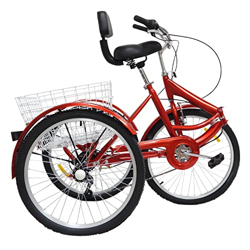 Faltbares Dreirad-24 Zoll-Dreirad Erwachsene-7 Gang Faltbares Dreirad für Erwachsene, Senioren, Frauen, Männer Lastenfahrrad 3-Rad-Fahrrad mit Einkaufskorb (Rot)